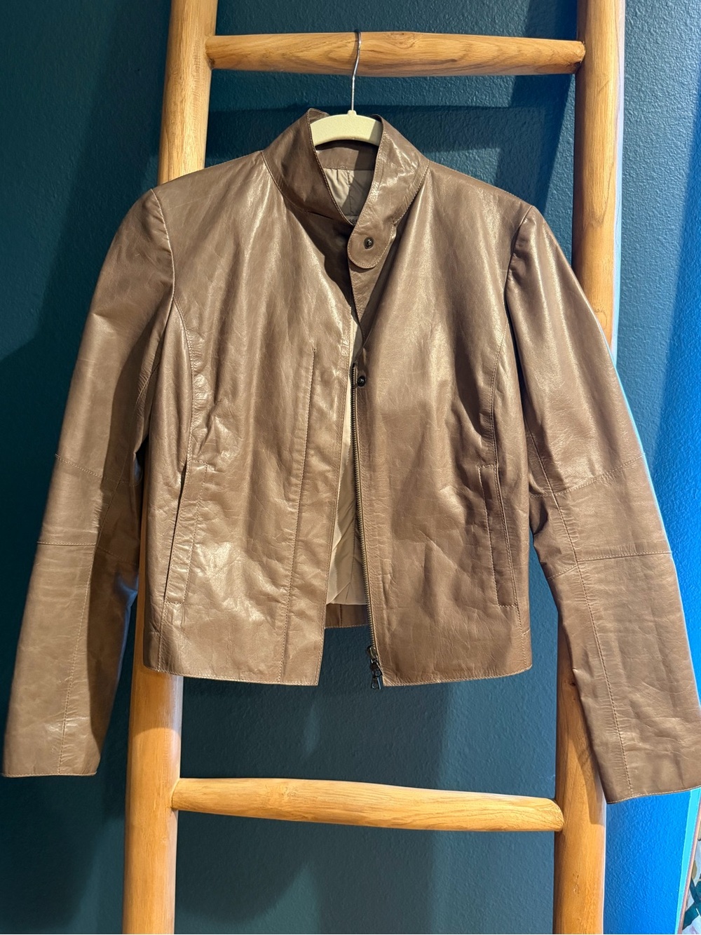 Women’s Taupe Leather Zip Jacket